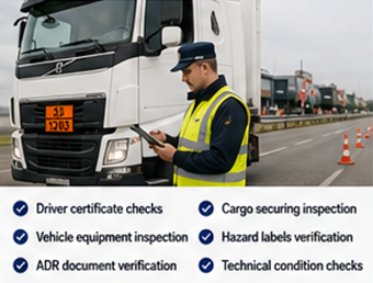 ADR roadside inspection of dangerous goods truck and driver in Europe