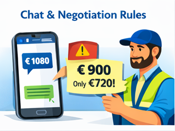 Carrier using mobile app to negotiate transport price in chat showing correct and wrong commission calculation
