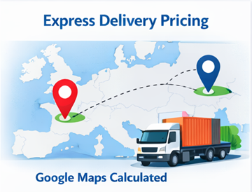 Express delivery route on Europe map with cargo truck and Google Maps calculated transport price
