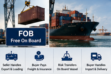 Containers being loaded onto cargo vessel under FOB shipping agreement